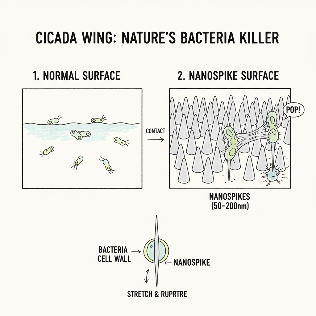 매미 날개의 나노스파이크, 박테리아 무찔러