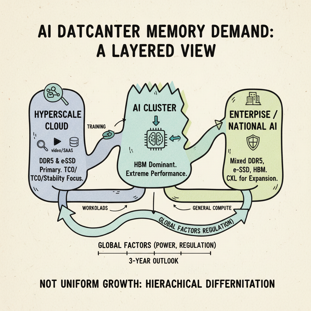 AI 데이터센터가 커져도 메모리 수요가 무한정 늘지 않는 이유: 등급·지역·아키텍처로 다시 그린 3년 지도